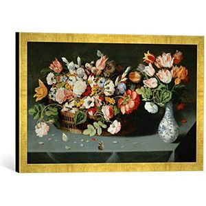 Ingelijste afbeelding van Osias Beert de Oudere Stilleven met bloemen en vlinders, kunstdruk in hoogwaardige handgemaakte fotolijst, 60 x 40 cm, Gold Raya