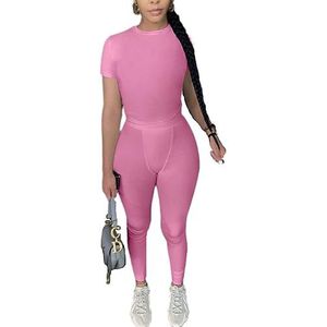 AYWA Tweedelige outfits voor dames, getailleerd T-shirt met ronde hals, hoge taille, leggings, bikershorts, bijpassende sets, streetwear, roze, L