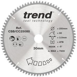 Trend Houtverstekzaagblad, diameter 250 mm, 30 mm boring, 80 tanden, 3 mm snijvoeg, -5° haak, TCT, extra fijn oppervlak, CSB/CC25080