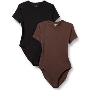 Amazon Essentials Slim-fit T-shirtbody voor dames, stretch, katoen, jersey, 2 stuks, zwart/bruin, maat M
