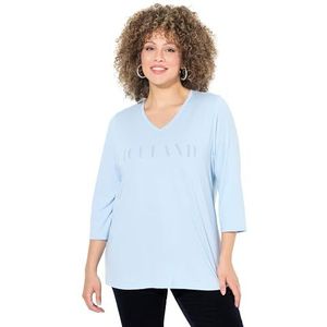 Ulla Popken Dames grote maten grote maten plus size shirt, lettermotief, klassiek, V-hals, 3/4-mouw, Zacht lichtblauw., 42-44