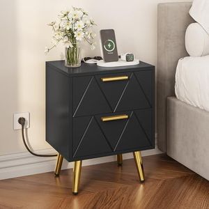YITAHOME Nachtkastje - Zwart - Hout - 2 Laden - 2 USB-poorten - Stopcontacten
