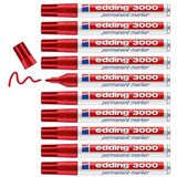 edding 3000 permanent marker - rood - 10 stiften - ronde punt 1,5-3 mm - sneldrogende permanent marker - water- en wrijfvast - voor karton, kunststof, hout, metaal - universele marker
