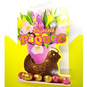 Afie 62-1014-B kaart Vrolijk Pasen in goud glanzend met gele enveloppen – chocolade kippeneieren bloemen tulpen halslijn party lente