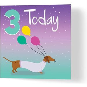 Wuzci ""Three Today!... Teckel met ballon"" Verjaardagskaart, 150 mm Lengte x 150 mm Breedte