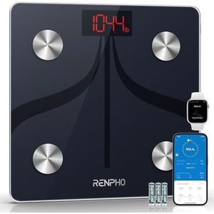RENPHO Personenweegschaal, impedantiemeter, Bluetooth impedantiemeter met 13 lichaamsgegevens (BMI/spier/water/lichaamsvet/botmassa), 300 x 300 mm, 3 x AAA-batterijen, zwart