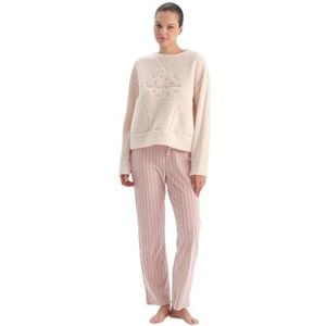 Dagi Dames ecru geborduurd fleece sweatshirt en broek pyjama set, M, ecru, M