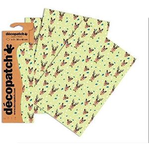 Décopatch - Ref C726O - Lichtgroen Kerst Rendier Print Paper Pack - Elk vel 30 x 40cm, Pack van 3 Papier Vellen - Best Gebruikt Met Décopach Lijm & Vernis, Groen