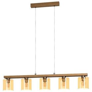 EGLO Castralvo hanglamp, 5-lichts eettafel pendellamp, plafondlamp hangend van glas in amber en hout in natuurlijke kleur, hangende eetkamerlamp, E27 fitting, 121 cm, FSC gecertificeerd