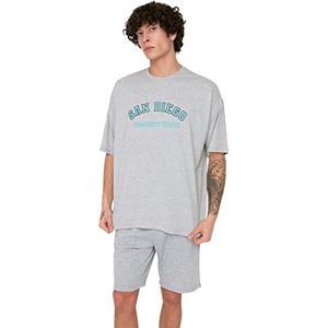 Trendyol Heren grijze mannen oversized ronde kraag bedrukt korte mouwen T-shirt, grijs, extra large