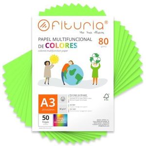 Kleurpapier, verpakking met 50 vellen A3, 80 g, kleurrijk papier voor knutselwerk, printer, scrapbooking, ideaal voor Origami, Papyroflexia, kantoor en school (neongroen, 50 uur)