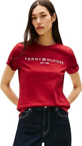 Tommy Hilfiger Dames REG Corp Logo C-NK SS WW0WW40276 Overige Tops, Rood, XXS, Rood (Regatta Rood), XXS
