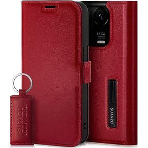 SURAZO Premium slanke magnetische telefoonhoes voor Xiaomi 14 5G, lederen klapbaar, beschermhoes met kaartenvak, RFID-bescherming, portemonneehoes, leren hoes (Costa rood)