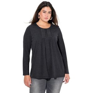 Ulla Popken Dames grote maten plus size shirt, plooien, parels, A-lijn, lange mouwen, zwart, 42-44