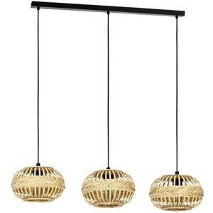 EGLO Hanglamp Amsfield 1, 3-lichts pendellamp boven eettafel, eettafellamp van zwart metaal en natuurlijk bamboe, lamp hangend voor woonkamer, E27 fitting, L 96 cm