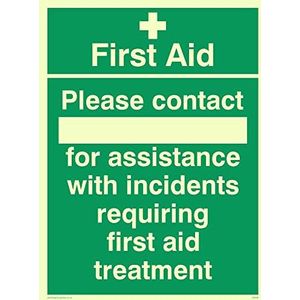 Viking Signs SX466-A5P-P ""EHBO Neem contact op voor hulp bij incidenten die EHBO behandeling vereisen"" Sign, semi-rigide fotoluminescente kunststof, 200 mm H x 150 mm W