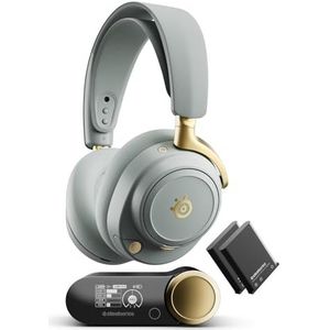 SteelSeries Arctis Nova Elite -Salie en goud -Hoogwaardige gamingheadset - 96-kHz/24-bits -Carbon Fiber drivers - ANC - AI-ruisonderdrukking - App - 2,4-GHz + BT -Meerdere bronnen -OmniPlay PC+PS+Xbox