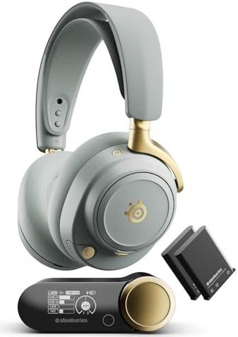SteelSeries Arctis Nova Elite -Salie en goud -Hoogwaardige gamingheadset - 96-kHz/24-bits -Carbon Fiber drivers - ANC - AI-ruisonderdrukking - App - 2,4-GHz + BT -Meerdere bronnen -OmniPlay PC+PS+Xbox