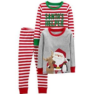Simple Joys by Carter's 3-delige pyjamaset voor baby's, peuters en kinderen, uniseks, snug-fit, katoen, set van 3, Grijze Kerstman/Rode Streep, 4