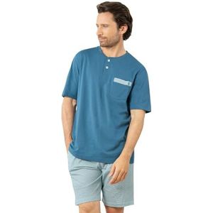 Eminence - Korte pyjama voor heren, casual, jersey, 100% katoen, lange levensduur, T-shirt met korte mouwen, T-hals + shorts met 2 zakken, Oeko-Tex®-label Standard 100, Blauw/Wit, S