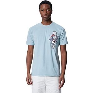 Koton Heren Far East Printed Crew Neck Slim Fit Katoenen T-shirt, blauw (624), L