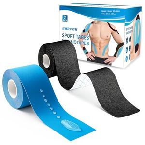 SURFOU Kinesiologie Tape 2 Rollen 5cm x 5m Blauw + Zwart, Kinesiotape Set voor Sport, Knie Tapes, Zelfklevende Tape voor Knieën, Fysiotherapie Tape, Kinesiology Tape voor Sport