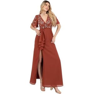 Maya Deluxe Maxi-jurk voor dames, V-hals, korte engelenmouwen, pailletten, versierd met ruches, zijsplit, A-lijn, avondbaljurk, Roest, 52
