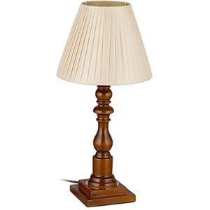 Relaxdays Tafellamp, met houten voet en stoffen kap, E27-fitting, vintage bedlamp, H x D: 47 x 22,5 cm, bruin 10037715