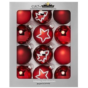KREBS & SOHN Set van 12 glazen kerstballen Heitmann Deco - kerstboomdecoratie om op te hangen - kerstballen 8 cm - rode sterren