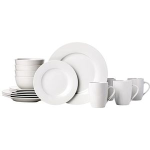 Amazon Basics porseleinen keukenservies met borden, kommen en mokken, servies voor 4 personen, wit - set van 16