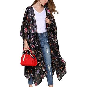 Hibluco Lange bloemenkimono, bedrukt, cardigan, doorzichtig, badpak, cover-ups, K63., S