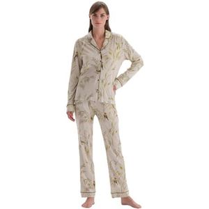 Dagi Dames lange mouw maat bedrukt shirt broek pyjama set pyjama, Ecru, L