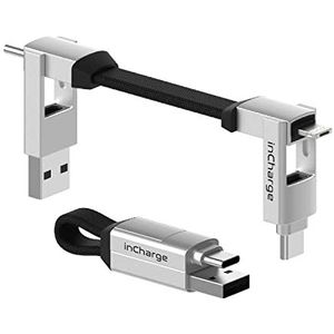 Rolling Square inCharge 6 - Sleutelhanger Kabel USB-C, Universele Kabel, Cadeau voor Mannen, Universele Mobiele Oplader 6 in 1, Hightech Gadget, Zilver, Lightning Kabel van 15 W