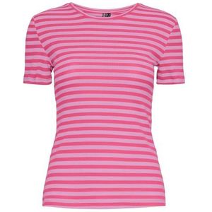 PIECES Pcruka Ss Top Noos T-shirt voor dames, Hot Pink/Stripes: Pastel Lavender, L