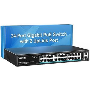 VIMIN 24-poorts Gigabit PoE-switch met 2 Gigabit PoE-poorten, 26-poorts onbeheerde PoE-ethernetschakelaar met een vermogen van 320 W, ondersteuning van IEEE802.3af/at, VLAN, metalen behuizing