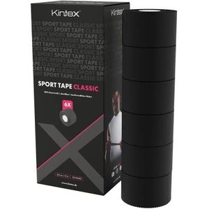 Kintex 6 rollen sporttape, 3,8 cm x 10 m, niet-elastisch, stijve tape, voor het fixeren en stabiliseren van gewrichten, vingertape, tapeverband, huidvriendelijk, scheurvast (zwart)