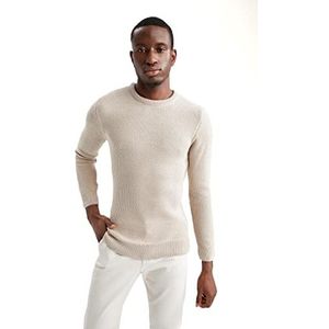 DeFacto Heren gebreide trui met lange mouwen ronde hals sweater - slim fit trui voor heren tops (zand, XL), zand, XL