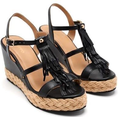 GIOSEPPO Elderon - Sandalen - Zwart - Sleehak - Franjes - Wighoogte 10 cm