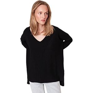 Trendyol Dames oversized basic V-hals gebreide trui sweatshirt, Zwart, L