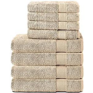 Komfortec Set van 8 handdoeken van 100% katoen, 4 badhanddoeken 70x140 en 4 handdoeken 50x100 cm, badstof, zacht, handdoek, groot, zand/beige