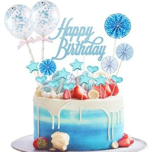 17 stuks taartdecoratie, verjaardagstaart, Happy Birthday taartdecoratie, taartdecoratie blauw, glitter taarttopper Happy Birthday, cupcake-topper met sterren, liefde, confettiballonnen en papieren