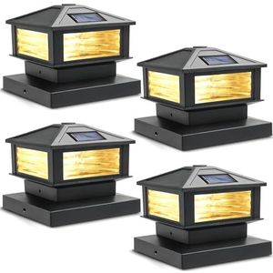 Siedinlar Solar Post Lights, 4x4 6x6 inch Houten Post Solar Decking Gate Post Lights met 2 Modi, Waterdicht Home Glass Post Top Lights Solar Powered voor Deck Patio Fence Post (4 Pack)