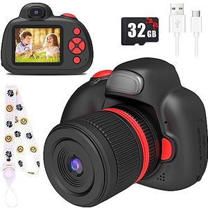 BaFuland Camera voor kinderen, digitale camera voor kinderen van 3 tot 10 jaar, IPS-display van 2,4 inch, met flits, 32G-kaart inbegrepen, speelgoed, verjaardagscadeau voor kinderen, zwart
