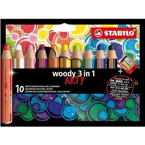 Kleurpotlood, aquarelpotlood en waskrijt in één- STABILO woody 3 in 1 - ARTY - 10 stuks - met 10 verschillende kleuren en puntenslijper
