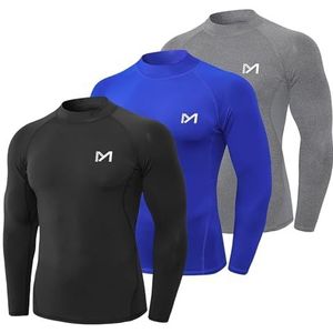 MEETYOO Compressieshirt voor heren, sportkleding, lange mouwen, voor hardlopen, fitnessstudio, fietsen, Zwart + Grijs + Blauw, XL