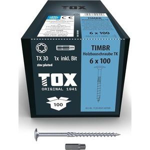 TOX Houtbouwschroeven TIMBR TK 6,0 x 100 mm, blauw verzinkt met plaatkop, TX30, schroeven voor gemakkelijk indraaien en hoog draagvermogen in houtbouw, 100 stuks in doos, incl. 1x bit, 1120804160100