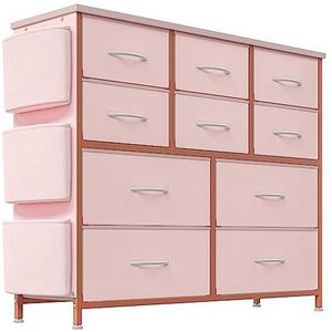 Zstar Commode voor slaapkamer met laden, opbergkast van stof met metalen frame, moderne decoratie houten tafelblad, commode met 10 laden voor slaapkamer, hal, roze