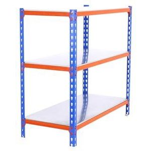 Simonrack Metalen rek, zonder schroeven, 3 planken, hoog draagvermogen 200 kg, 1000 x 1100 x 300 mm, garagerek, blauw/oranje/verzinkt