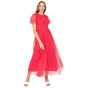 Anaya with Love Dames Midaxi Jurk Hoge Taille Sleutelgat Korte Flutter Mouw Crew Halslijn voor Bruiloft Gast Bruidsmeisjes Prom, Paradijs Roze, 56