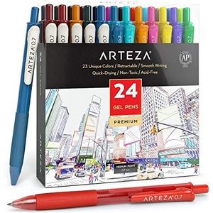 ARTEZA Kleurrijke gelpennen, 24 stuks op kleur gesorteerde gelstiften, 10 vintage en 14 levendige kleuren, gelbalpen met intrekbare 0,7 mm punt, voor journaling, doodling, tekeningen, notities